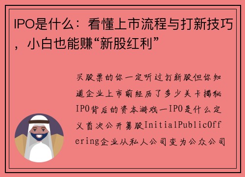 IPO是什么：看懂上市流程与打新技巧，小白也能赚“新股红利”