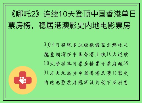 《哪吒2》连续10天登顶中国香港单日票房榜，稳居港澳影史内地电影票房冠军，撑起今年国内电影票房62.2%