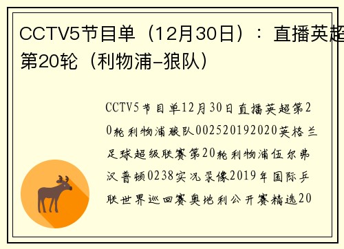 CCTV5节目单（12月30日）：直播英超第20轮（利物浦-狼队）